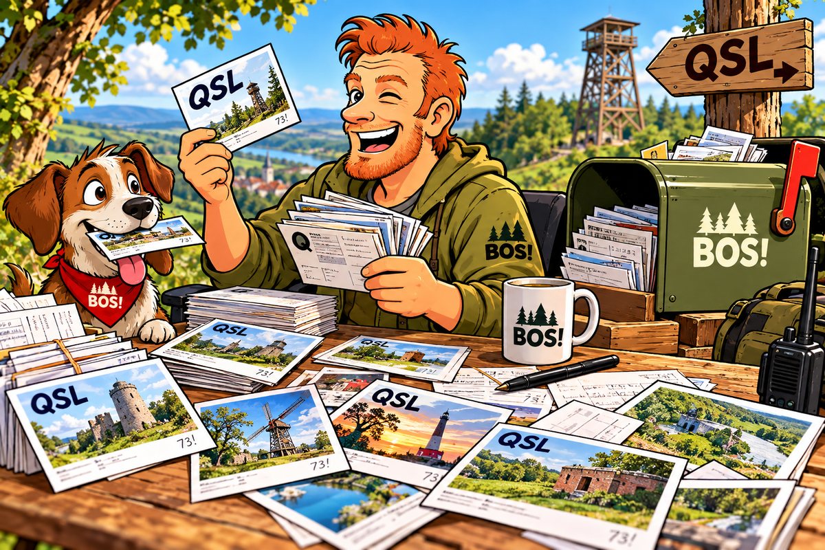 A happy activator with a BOS! mug and his dog sorting a pile of paper QSL cards